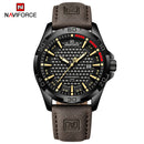 Naviforce Reloj Analógico Negro con Correa Marrón Oscuro de Cuero PU, Diámetro de 45 mm, Cristal Mineral Endurecido, Calendario y Resistencia al Agua 3 ATM.