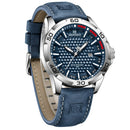 Naviforce Reloj Analógico Plateado con Esfera Azul y Correa Azul de Cuero PU, Diámetro de 45 mm, Cristal Mineral Endurecido, Calendario y Resistencia al Agua 3 ATM.