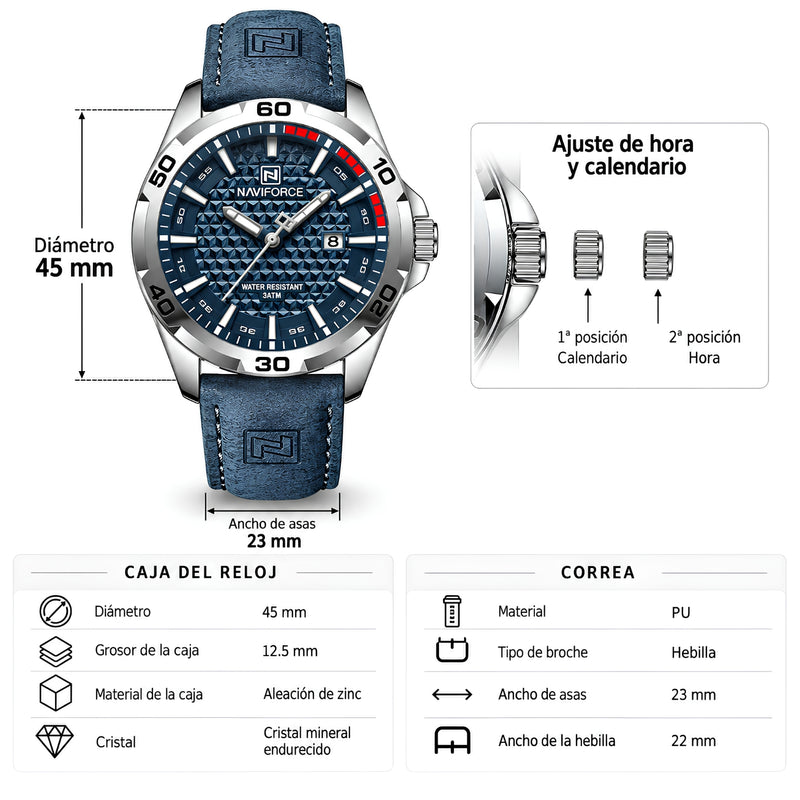 Naviforce Reloj Analógico Plateado con Esfera Azul y Correa Azul de Cuero PU, Diámetro de 45 mm, Cristal Mineral Endurecido, Calendario y Resistencia al Agua 3 ATM.