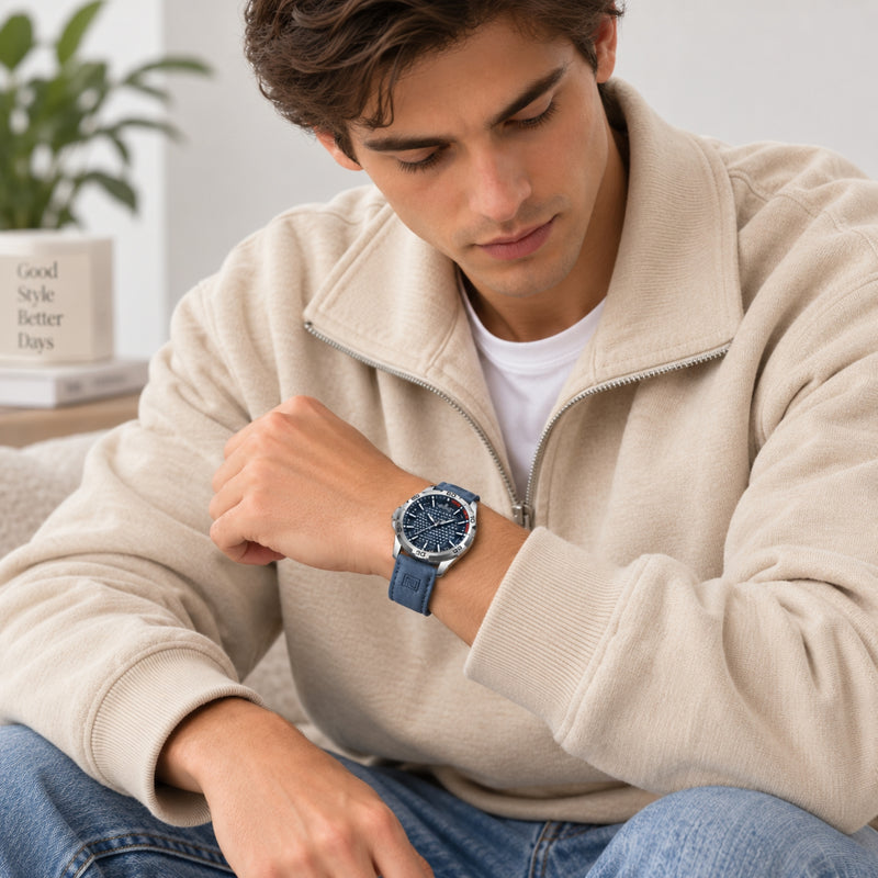 Naviforce Reloj Analógico Plateado con Esfera Azul y Correa Azul de Cuero PU, Diámetro de 45 mm, Cristal Mineral Endurecido, Calendario y Resistencia al Agua 3 ATM.