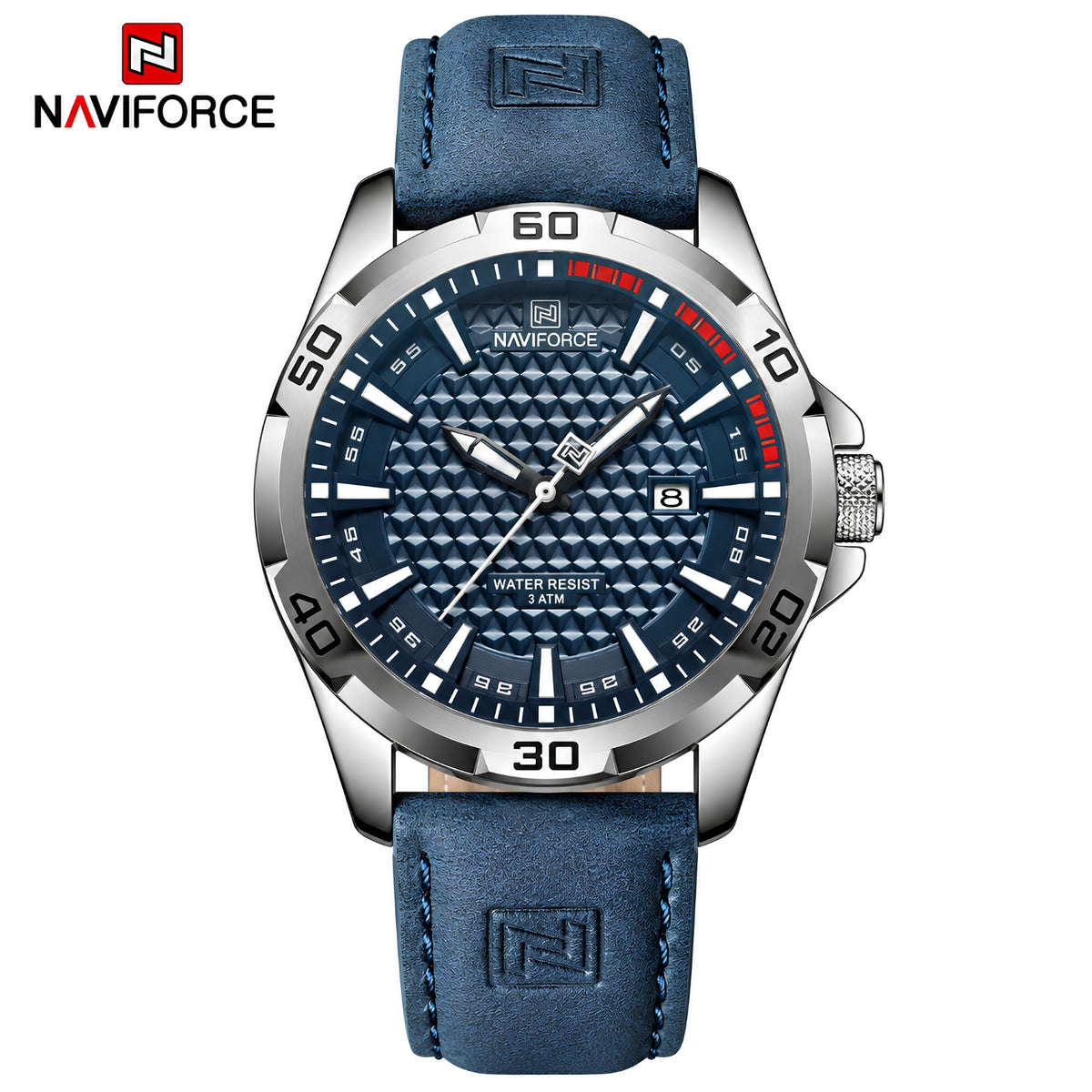 Naviforce Reloj Analógico Plateado con Esfera Azul y Correa Azul de Cuero PU, Diámetro de 45 mm, Cristal Mineral Endurecido, Calendario y Resistencia al Agua 3 ATM.