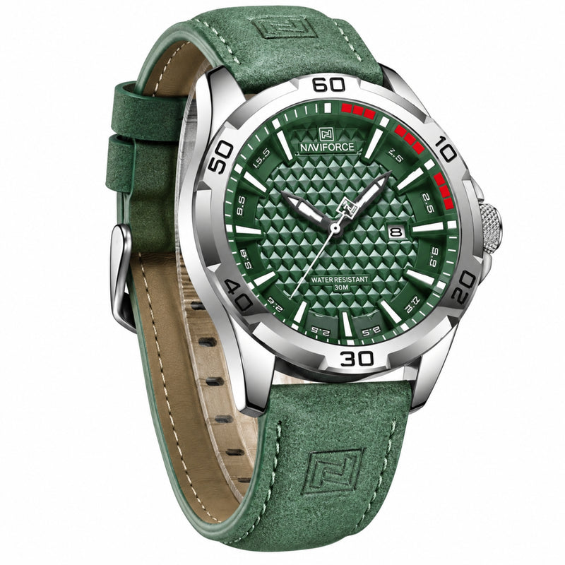 Naviforce Reloj Analógico Plateado con Esfera Verde y Correa Verde de Cuero PU, Diámetro de 45 mm, Cristal Mineral Endurecido, Calendario y Resistencia al Agua 3 ATM.