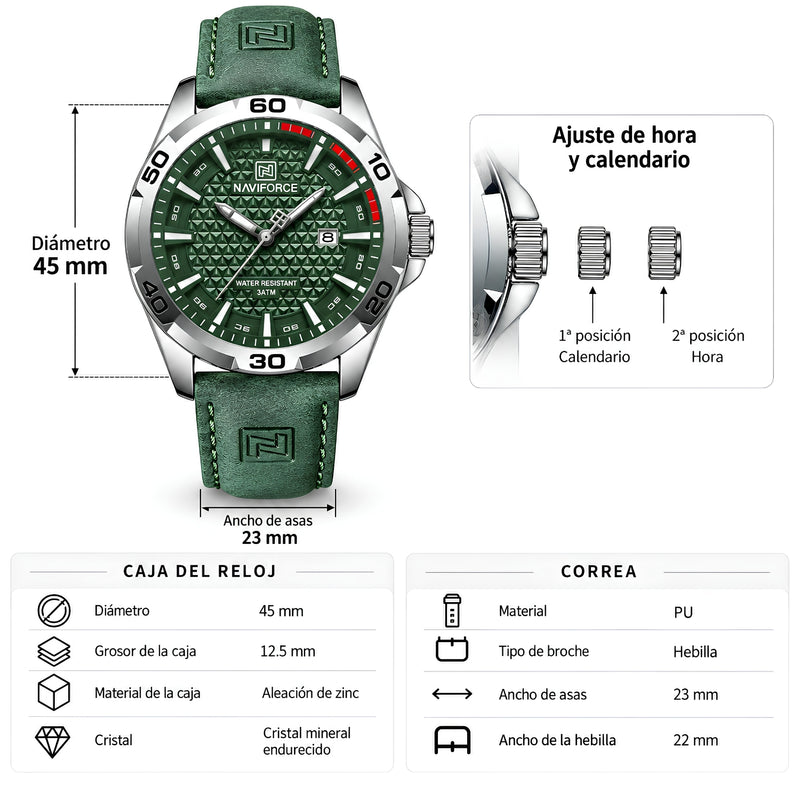 Naviforce Reloj Analógico Plateado con Esfera Verde y Correa Verde de Cuero PU, Diámetro de 45 mm, Cristal Mineral Endurecido, Calendario y Resistencia al Agua 3 ATM.