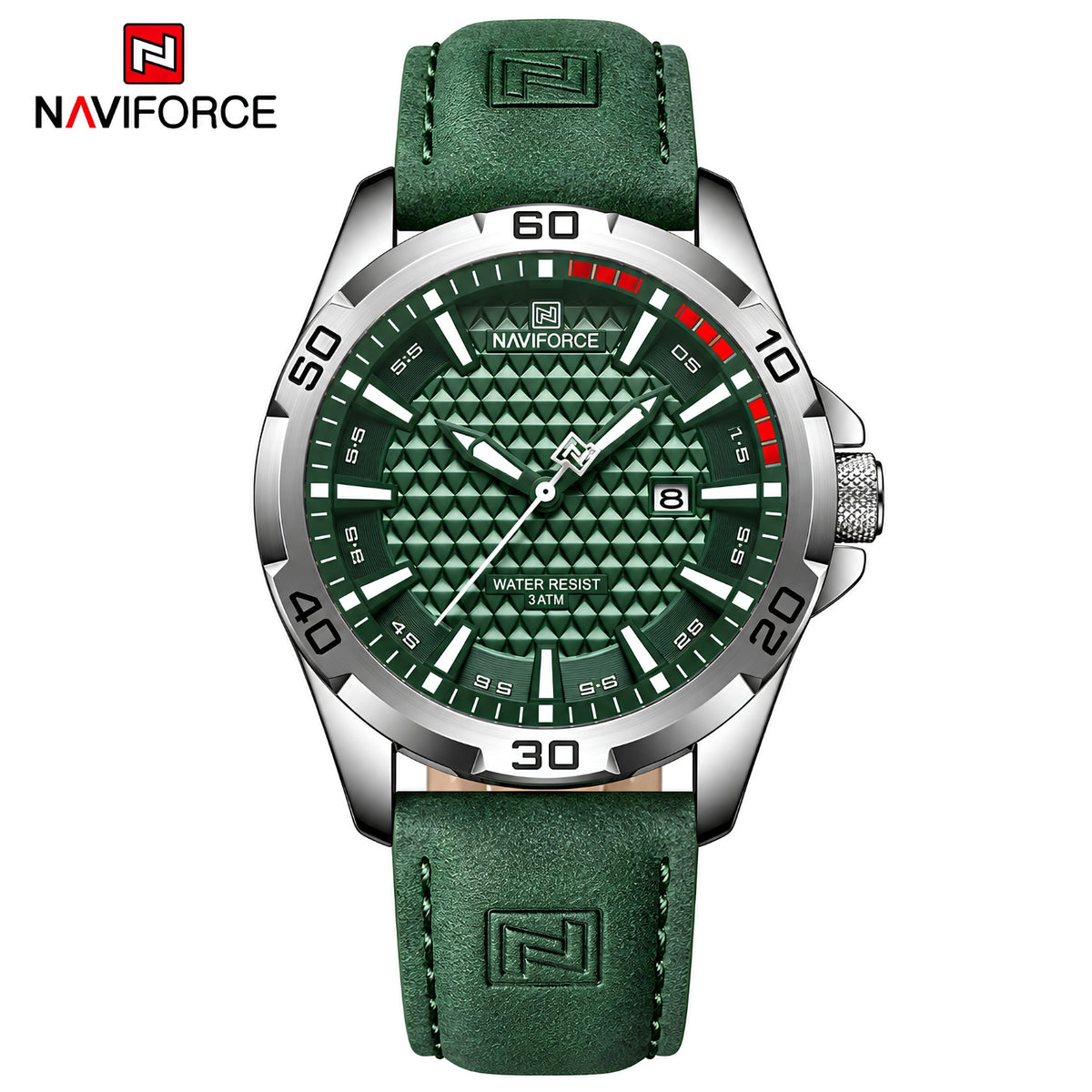 Naviforce Reloj Analógico Plateado con Esfera Verde y Correa Verde de Cuero PU, Diámetro de 45 mm, Cristal Mineral Endurecido, Calendario y Resistencia al Agua 3 ATM.