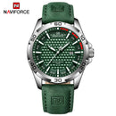 Naviforce Reloj Analógico Plateado con Esfera Verde y Correa Verde de Cuero PU, Diámetro de 45 mm, Cristal Mineral Endurecido, Calendario y Resistencia al Agua 3 ATM.