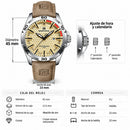 Naviforce Reloj Analógico Plateado con Esfera Dorada y Correa Marrón Claro de Cuero PU, Diámetro de 45 mm, Cristal Mineral Endurecido, Calendario y Resistencia al Agua 3 ATM.