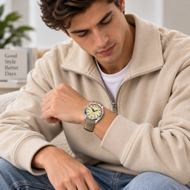Naviforce Reloj Analógico Plateado con Esfera Dorada y Correa Marrón Claro de Cuero PU, Diámetro de 45 mm, Cristal Mineral Endurecido, Calendario y Resistencia al Agua 3 ATM.