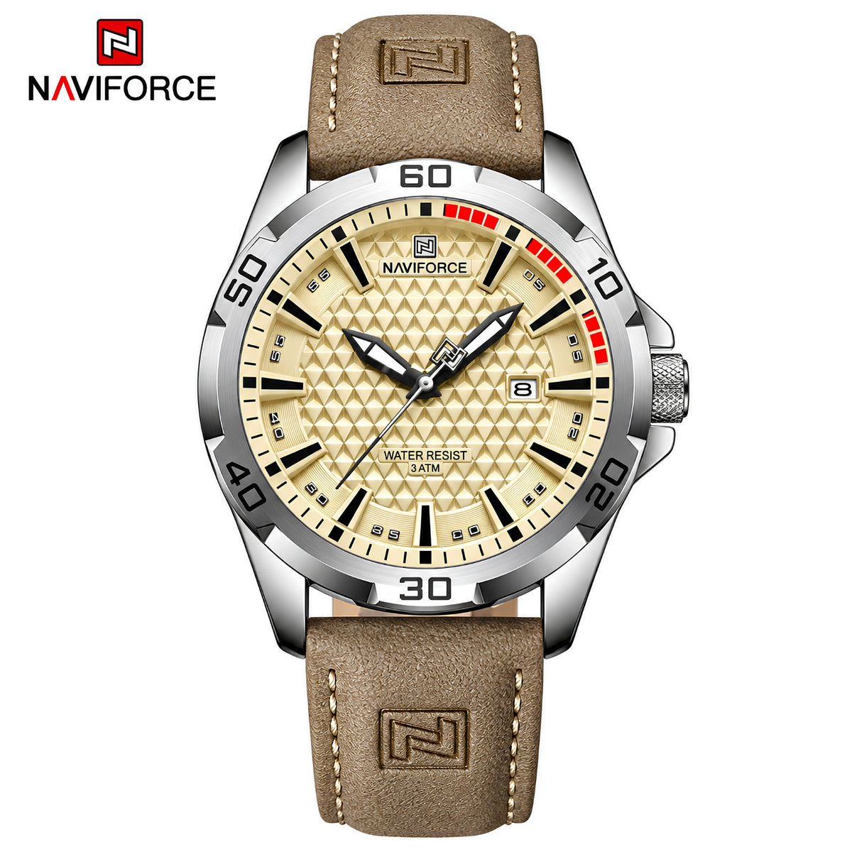 Naviforce Reloj Analógico Plateado con Esfera Dorada y Correa Marrón Claro de Cuero PU, Diámetro de 45 mm, Cristal Mineral Endurecido, Calendario y Resistencia al Agua 3 ATM.