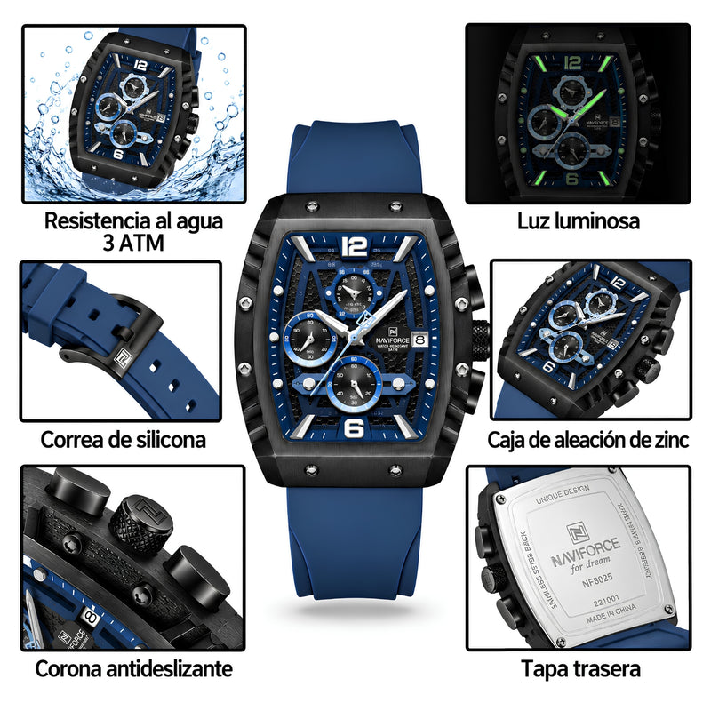 Naviforce Reloj Analógico con Caja y Esfera Negras, Detalles Azules y Correa Azul, Diseño Moderno y Elegante.