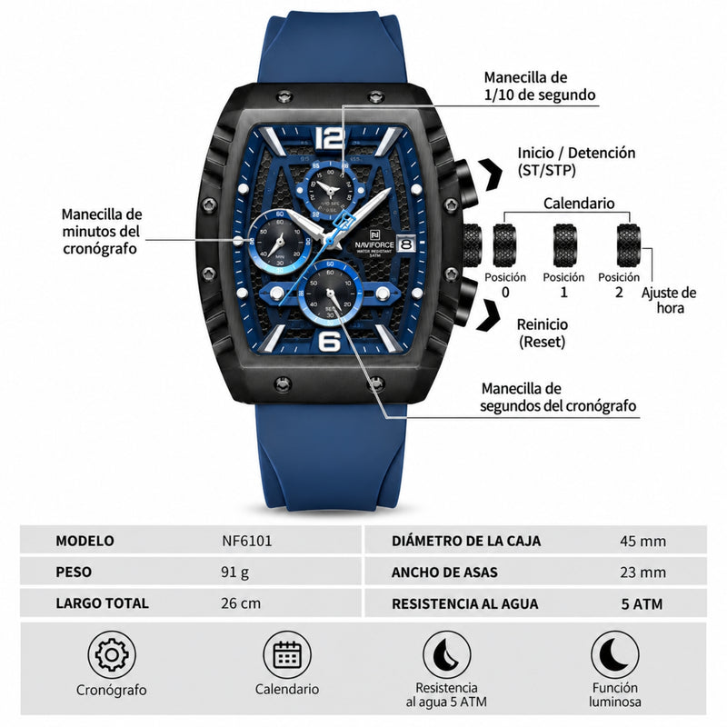 Naviforce Reloj Analógico con Caja y Esfera Negras, Detalles Azules y Correa Azul, Diseño Moderno y Elegante.