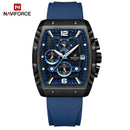 Naviforce Reloj Analógico con Caja y Esfera Negras, Detalles Azules y Correa Azul, Diseño Moderno y Elegante.