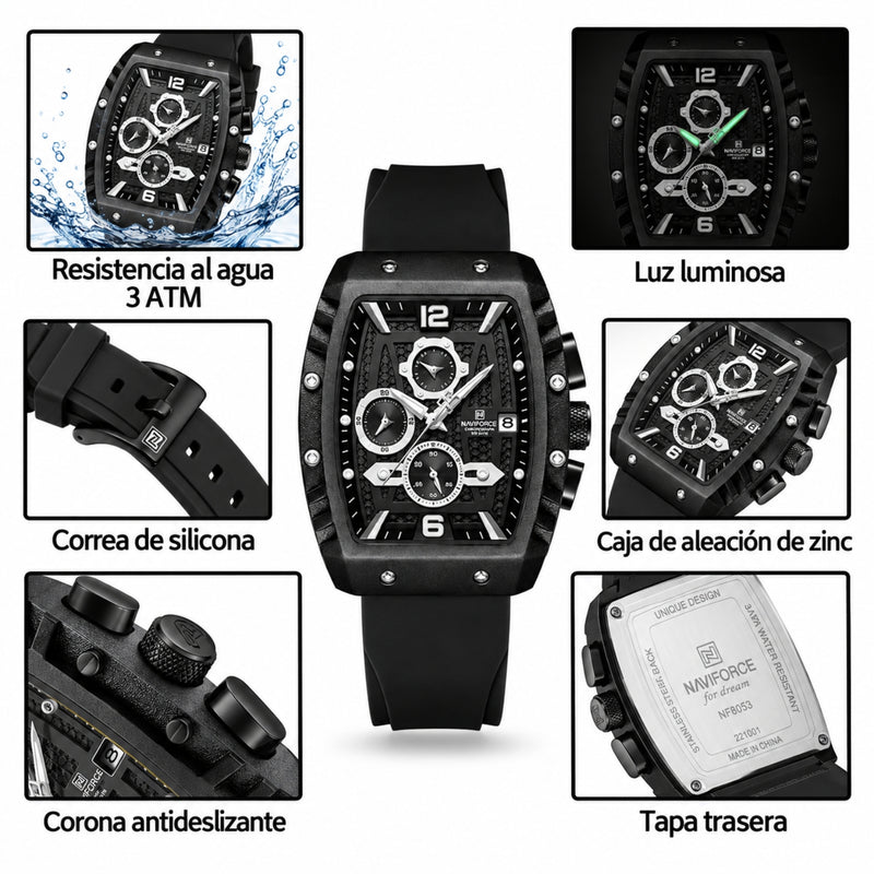 Naviforce Reloj Analógico con Esfera Negra, Detalles Plateados y Correa Negra, Diseño Moderno y Elegante.
