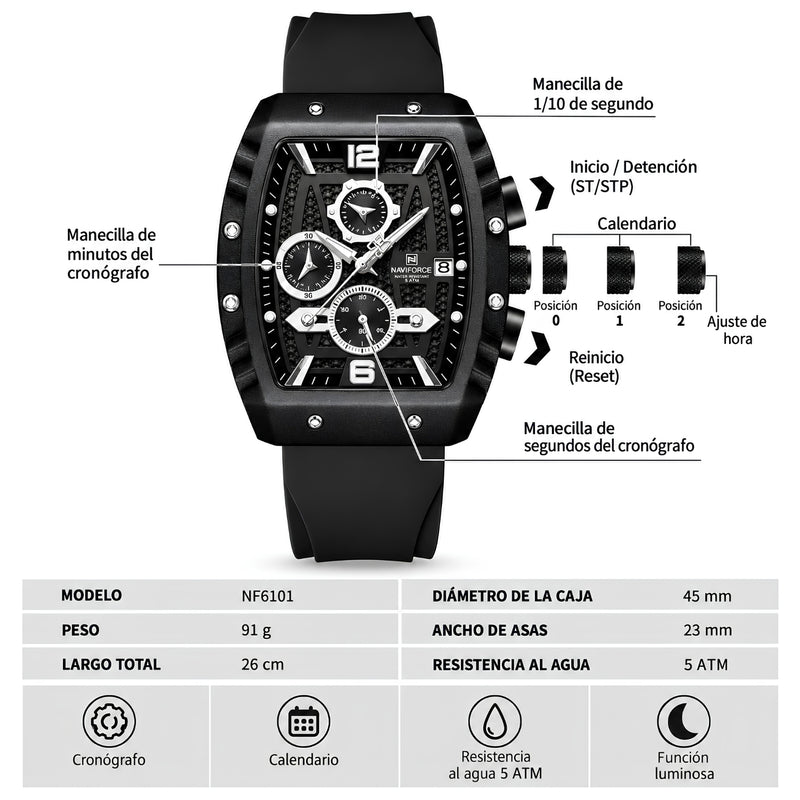 Naviforce Reloj Analógico con Esfera Negra, Detalles Plateados y Correa Negra, Diseño Moderno y Elegante.