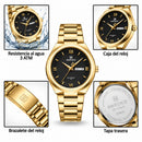 Naviforce Reloj Analógico Dorado con Esfera Negra y Correa de Acero Inoxidable, Diámetro de 38.5 mm, Calendario y Resistencia al Agua 3 ATM.