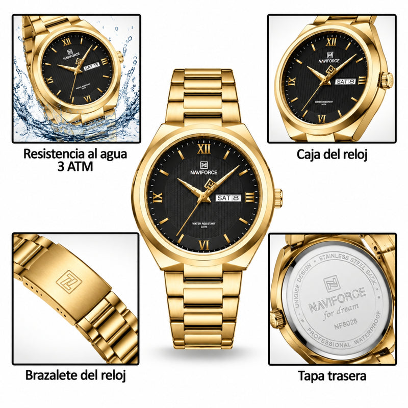 Naviforce Reloj Analógico Dorado con Esfera Negra y Correa de Acero Inoxidable, Diámetro de 38.5 mm, Calendario y Resistencia al Agua 3 ATM.