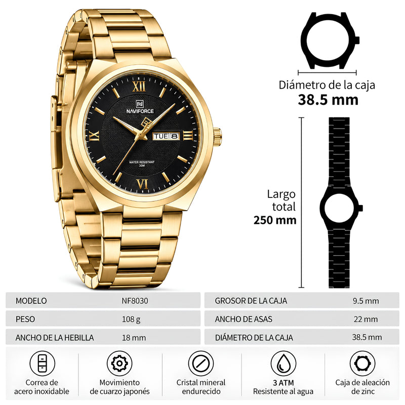 Naviforce Reloj Analógico Dorado con Esfera Negra y Correa de Acero Inoxidable, Diámetro de 38.5 mm, Calendario y Resistencia al Agua 3 ATM.