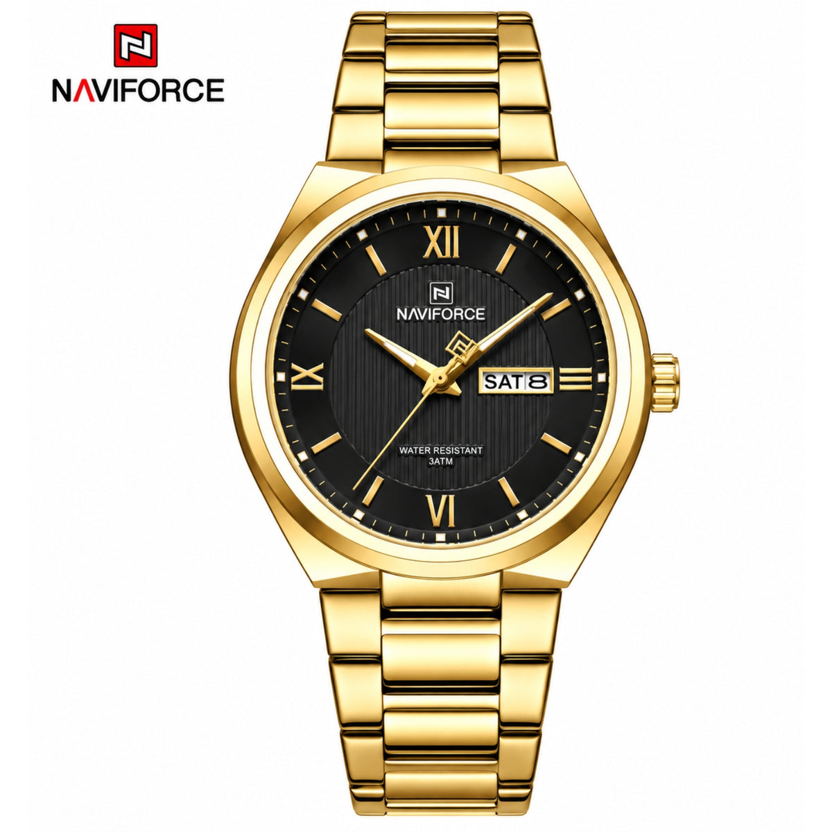 Naviforce Reloj Analógico Dorado con Esfera Negra y Correa de Acero Inoxidable, Diámetro de 38.5 mm, Calendario y Resistencia al Agua 3 ATM.