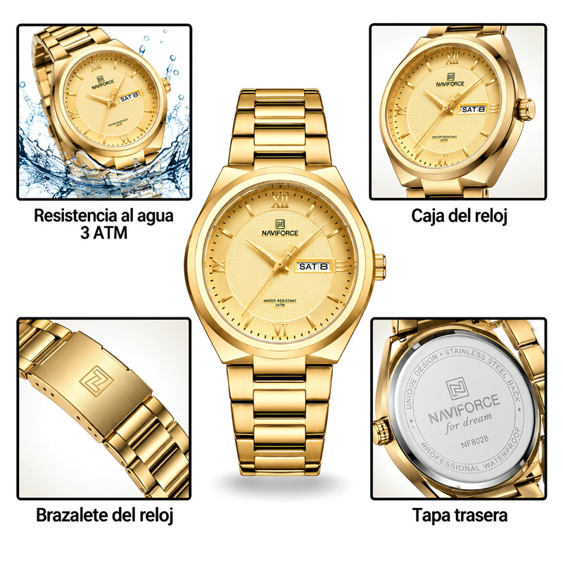 Naviforce Reloj Analógico Dorado con Correa de Acero Inoxidable, Diámetro de 38.5 mm, Calendario y Resistencia al Agua 3 ATM.