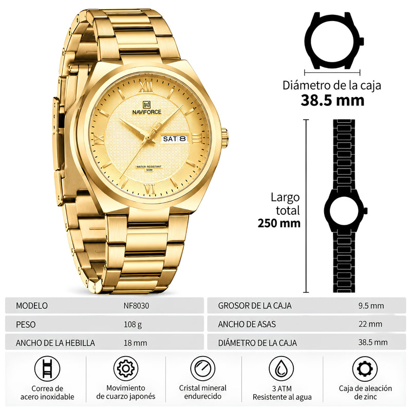 Naviforce Reloj Analógico Dorado con Correa de Acero Inoxidable, Diámetro de 38.5 mm, Calendario y Resistencia al Agua 3 ATM.