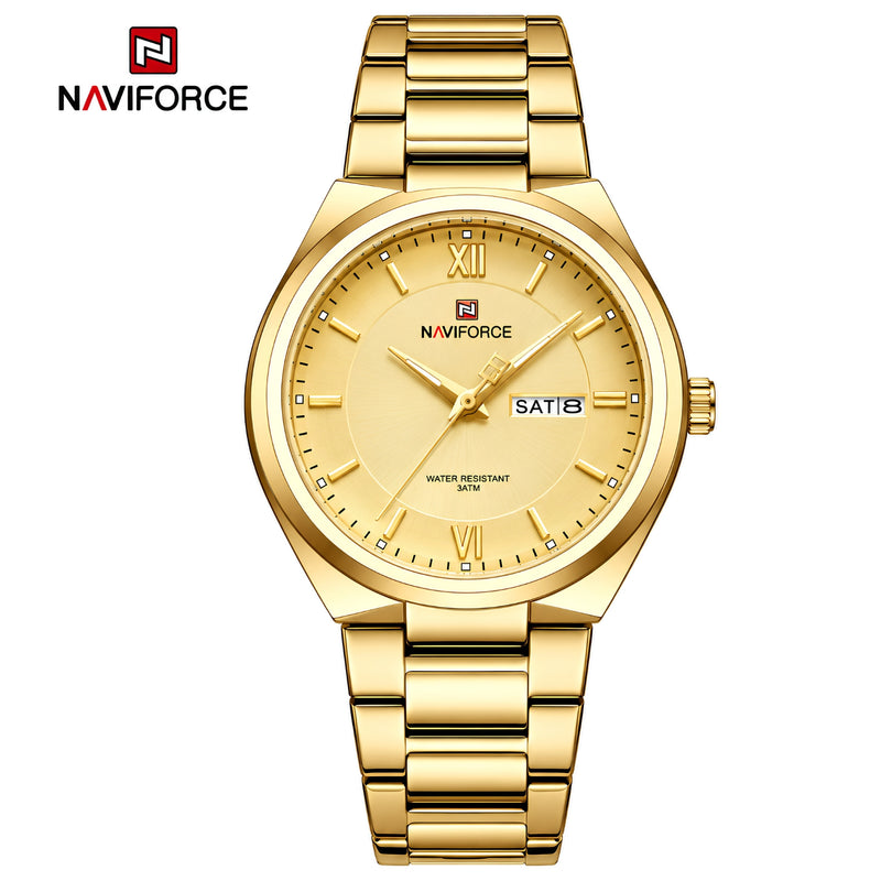 Naviforce Reloj Analógico Dorado con Correa de Acero Inoxidable, Diámetro de 38.5 mm, Calendario y Resistencia al Agua 3 ATM.