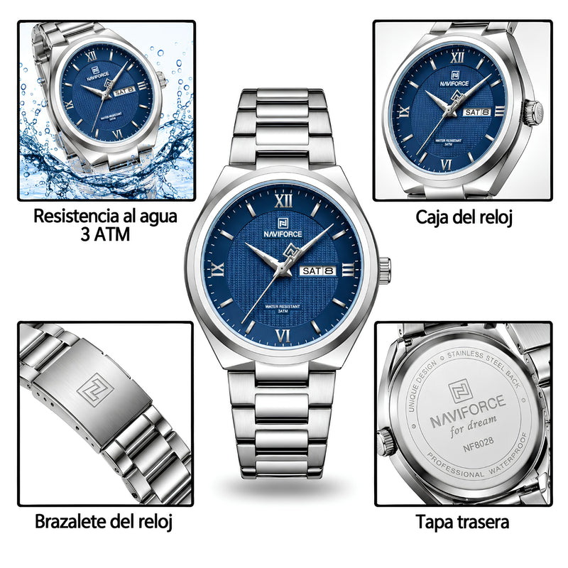Naviforce Reloj Analógico Plateado con Esfera Azul y Correa de Acero Inoxidable, Diámetro de 38.5 mm, Calendario y Resistencia al Agua 3 ATM.
