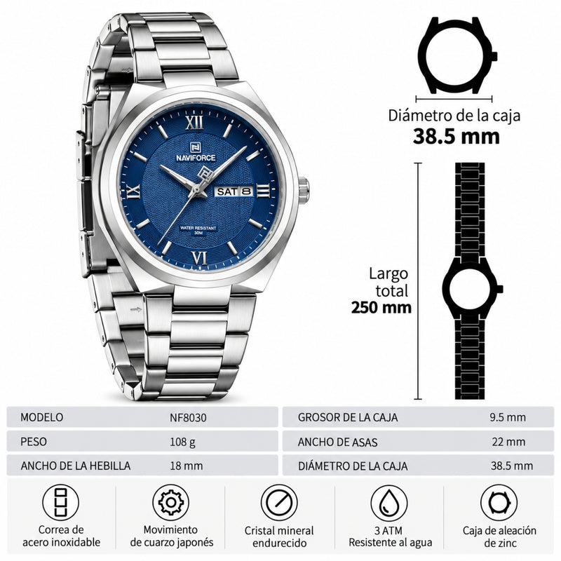 Naviforce Reloj Analógico Plateado con Esfera Azul y Correa de Acero Inoxidable, Diámetro de 38.5 mm, Calendario y Resistencia al Agua 3 ATM.