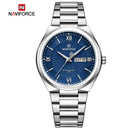 Naviforce Reloj Analógico Plateado con Esfera Azul y Correa de Acero Inoxidable, Diámetro de 38.5 mm, Calendario y Resistencia al Agua 3 ATM.
