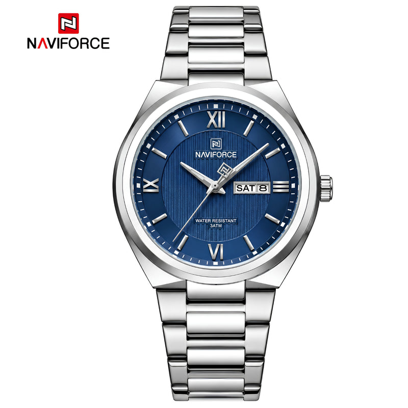 Naviforce Reloj Analógico Plateado con Esfera Azul y Correa de Acero Inoxidable, Diámetro de 38.5 mm, Calendario y Resistencia al Agua 3 ATM.