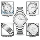Naviforce Reloj Analógico Plateado para Hombre con Esfera Blanca y Correa de Acero Inoxidable, Diámetro de 38.5 mm, Calendario y Resistencia al Agua 3 ATM.