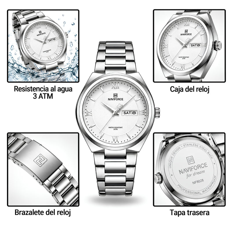 Naviforce Reloj Analógico Plateado para Hombre con Esfera Blanca y Correa de Acero Inoxidable, Diámetro de 38.5 mm, Calendario y Resistencia al Agua 3 ATM.