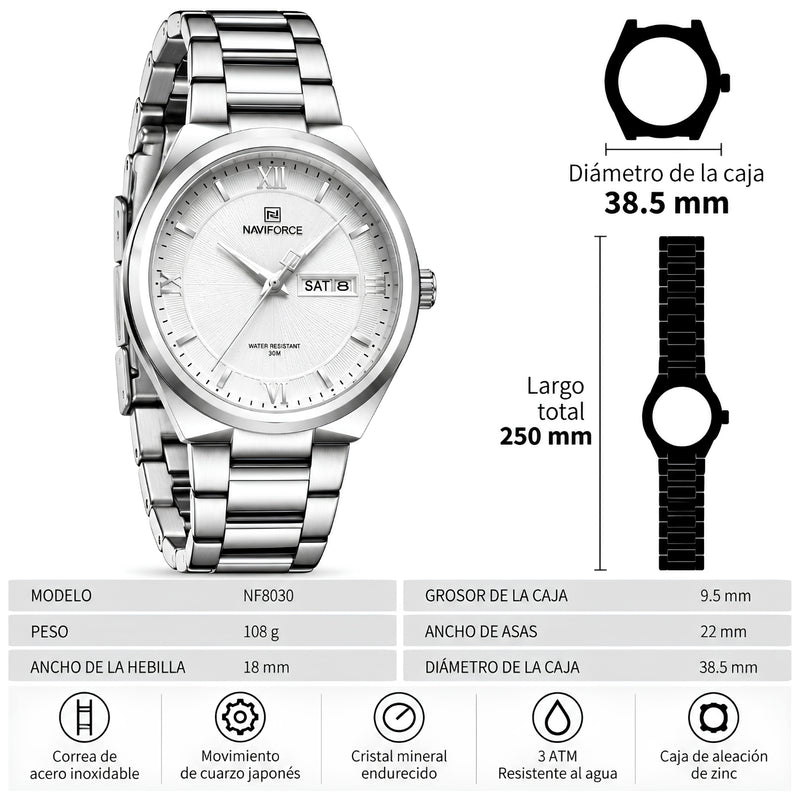 Naviforce Reloj Analógico Plateado para Hombre con Esfera Blanca y Correa de Acero Inoxidable, Diámetro de 38.5 mm, Calendario y Resistencia al Agua 3 ATM.
