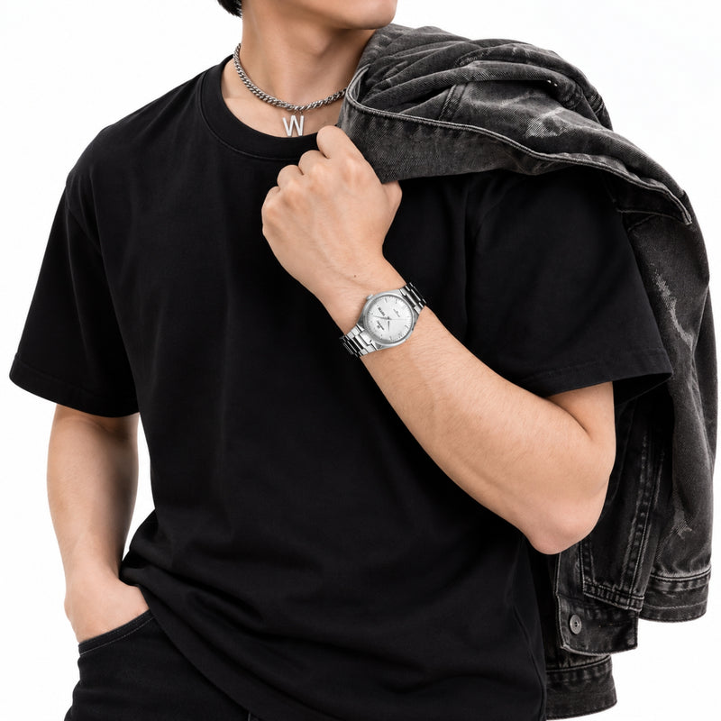 Naviforce Reloj Analógico Plateado para Hombre con Esfera Blanca y Correa de Acero Inoxidable, Diámetro de 38.5 mm, Calendario y Resistencia al Agua 3 ATM.