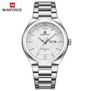 Naviforce Reloj Analógico Plateado para Hombre con Esfera Blanca y Correa de Acero Inoxidable, Diámetro de 38.5 mm, Calendario y Resistencia al Agua 3 ATM.