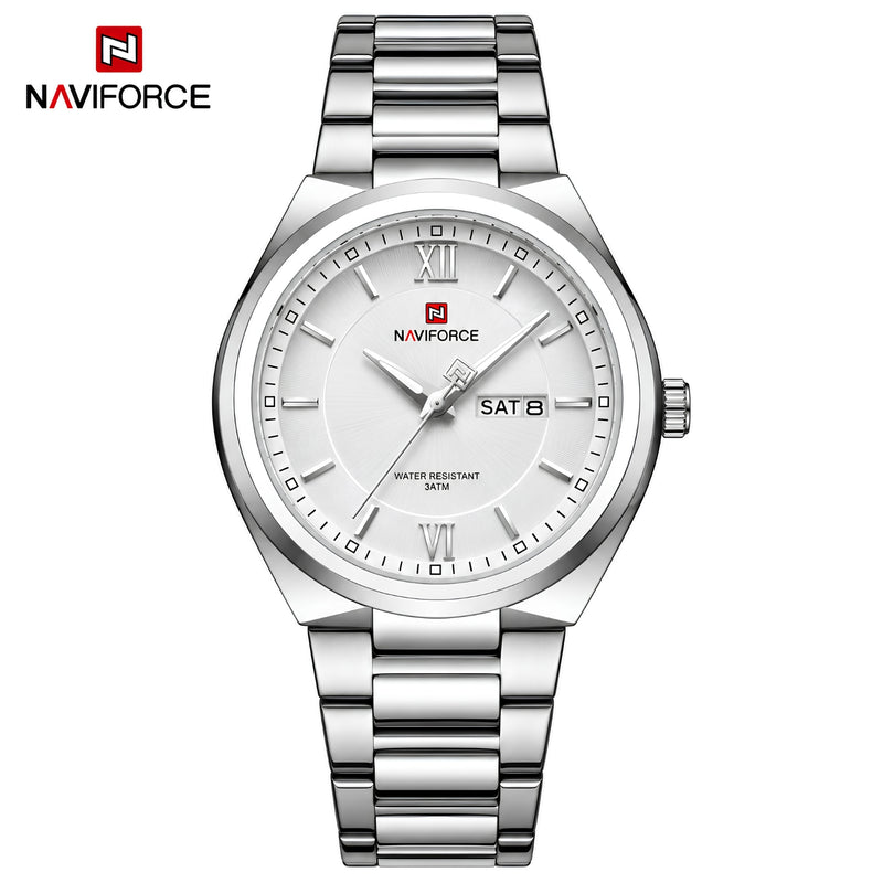 Naviforce Reloj Analógico Plateado para Hombre con Esfera Blanca y Correa de Acero Inoxidable, Diámetro de 38.5 mm, Calendario y Resistencia al Agua 3 ATM.
