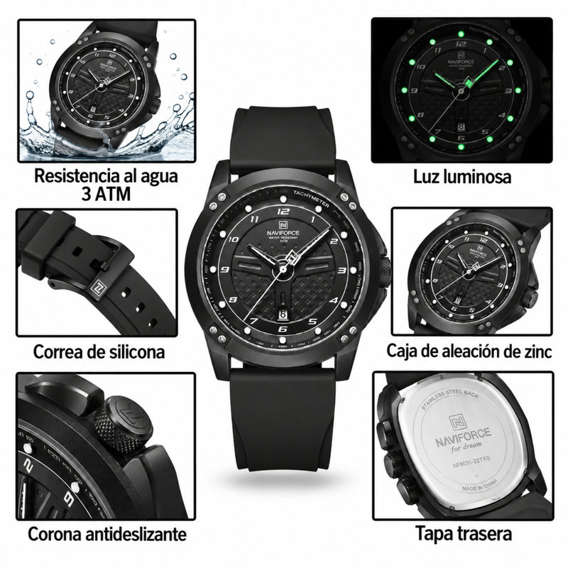 Naviforce Reloj Analógico Negro con Correa de Silicona, Diámetro de 45 mm, Cristal Mineral Endurecido, Calendario y Resistencia al Agua 3 ATM.