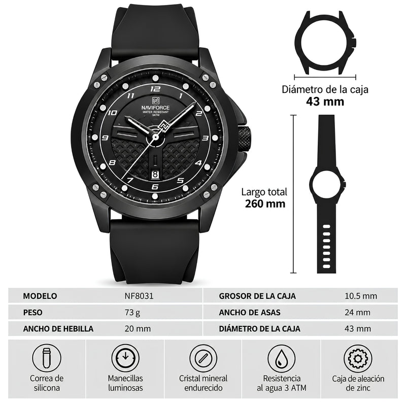 Naviforce Reloj Analógico Negro con Correa de Silicona, Diámetro de 45 mm, Cristal Mineral Endurecido, Calendario y Resistencia al Agua 3 ATM.