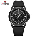 Naviforce Reloj Analógico Negro con Correa de Silicona, Diámetro de 45 mm, Cristal Mineral Endurecido, Calendario y Resistencia al Agua 3 ATM.