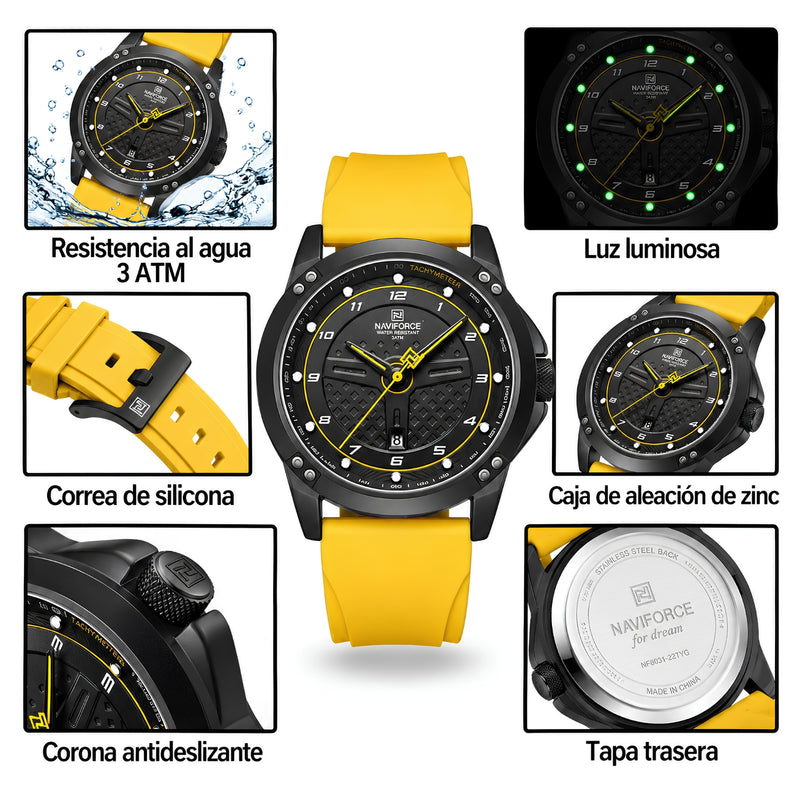 Naviforce Reloj Analógico con Detalles Amarillos y Correa Amarilla de Silicona, Diámetro de 45 mm, Cristal Mineral Endurecido, Calendario y Resistencia al Agua 3 ATM.