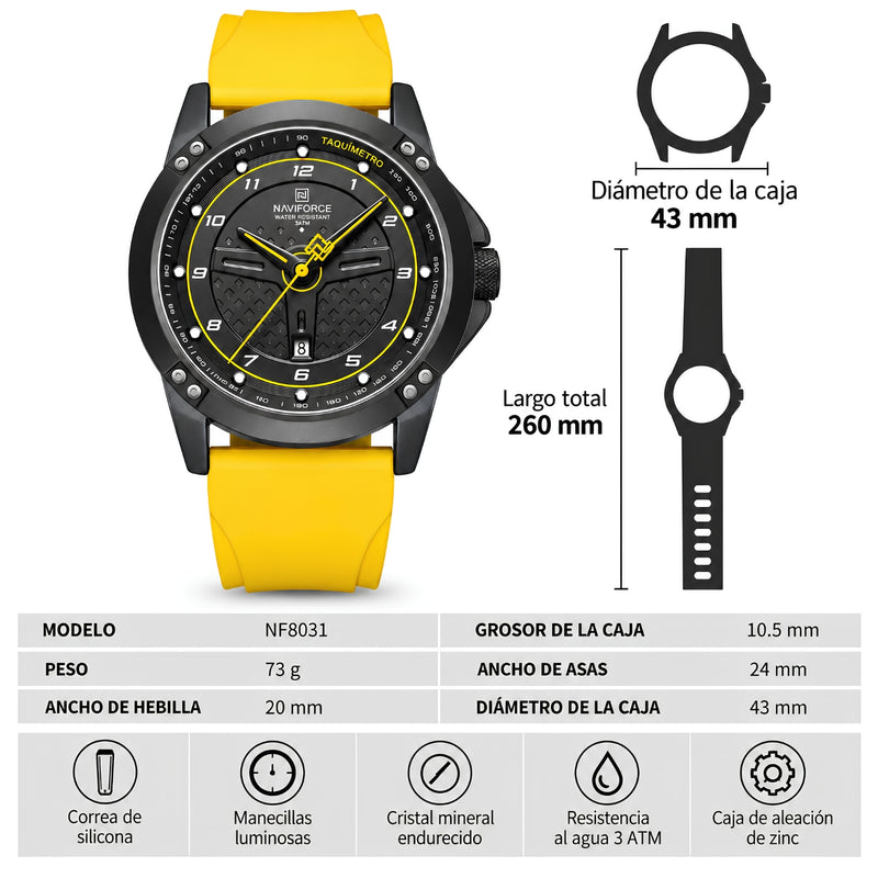 Naviforce Reloj Analógico con Detalles Amarillos y Correa Amarilla de Silicona, Diámetro de 45 mm, Cristal Mineral Endurecido, Calendario y Resistencia al Agua 3 ATM.