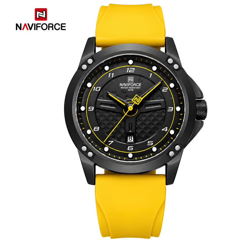 Naviforce Reloj Analógico con Detalles Amarillos y Correa Amarilla de Silicona, Diámetro de 45 mm, Cristal Mineral Endurecido, Calendario y Resistencia al Agua 3 ATM.