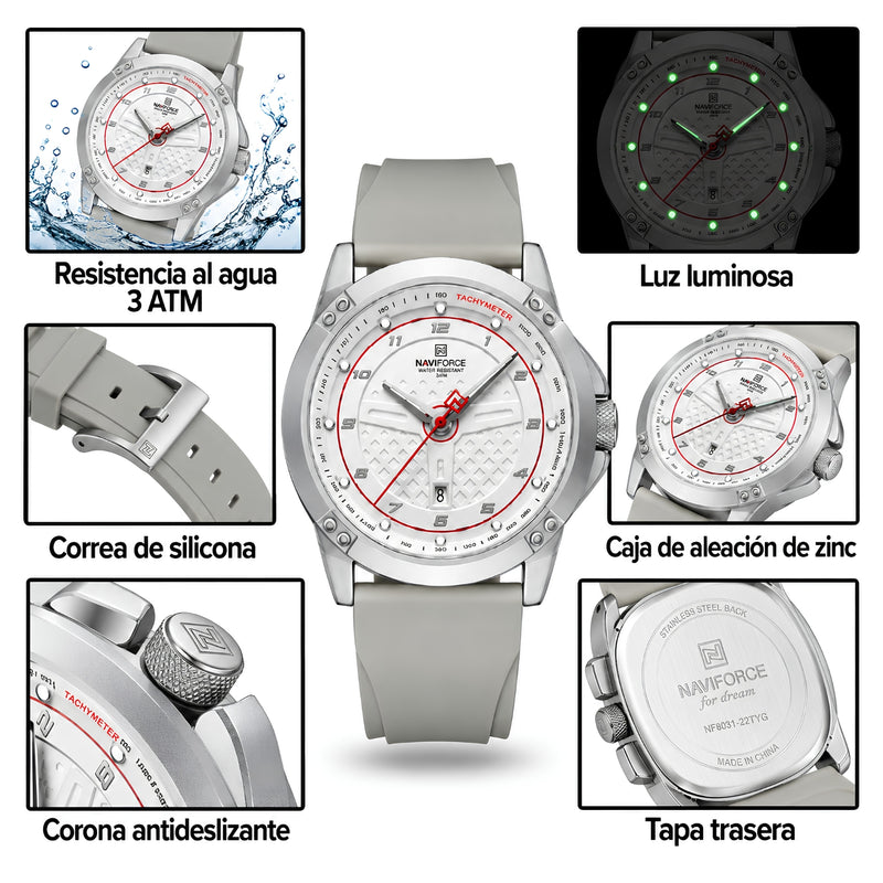 Naviforce Reloj Analógico Plateado con Esfera Blanca y Correa Gris de Silicona, Diámetro de 45 mm, Calendario y Resistencia al Agua 3 ATM.