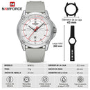 Naviforce Reloj Analógico Plateado con Esfera Blanca y Correa Gris de Silicona, Diámetro de 45 mm, Calendario y Resistencia al Agua 3 ATM.