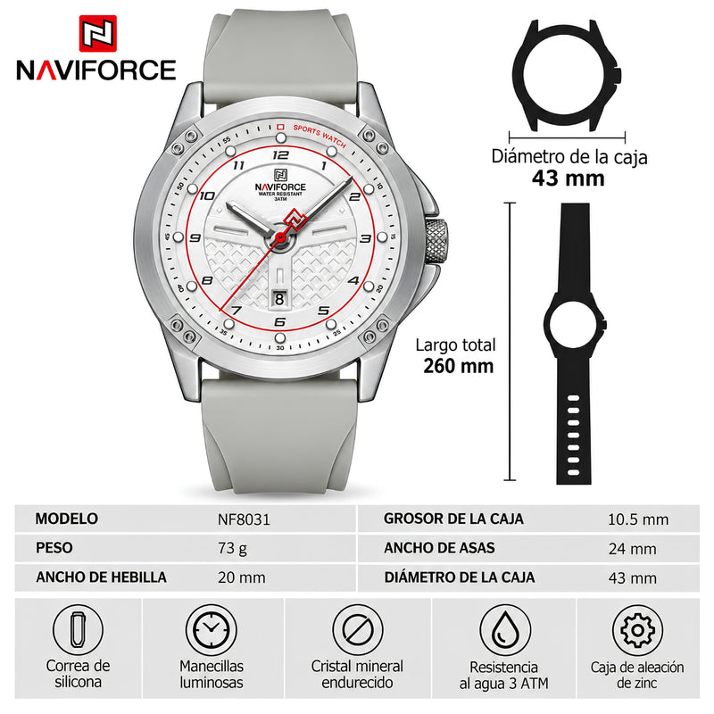 Naviforce Reloj Analógico Plateado con Esfera Blanca y Correa Gris de Silicona, Diámetro de 45 mm, Calendario y Resistencia al Agua 3 ATM.