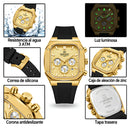 Naviforce Reloj Cronógrafo Dorado con Correa Negra de Silicona, Diámetro de 43 mm, Cristal Mineral Endurecido y Resistencia al Agua 3 ATM.