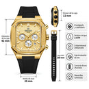 Naviforce Reloj Cronógrafo Dorado con Correa Negra de Silicona, Diámetro de 43 mm, Cristal Mineral Endurecido y Resistencia al Agua 3 ATM.