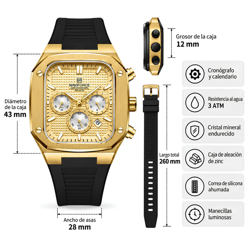 Naviforce Reloj Cronógrafo Dorado con Correa Negra de Silicona, Diámetro de 43 mm, Cristal Mineral Endurecido y Resistencia al Agua 3 ATM.