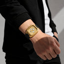 Naviforce Reloj Cronógrafo Dorado con Correa Negra de Silicona, Diámetro de 43 mm, Cristal Mineral Endurecido y Resistencia al Agua 3 ATM.