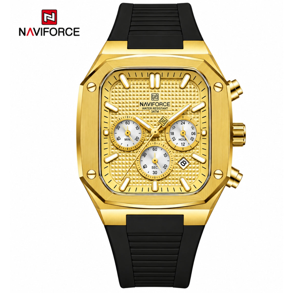 Naviforce Reloj Cronógrafo Dorado con Correa Negra de Silicona, Diámetro de 43 mm, Cristal Mineral Endurecido y Resistencia al Agua 3 ATM.