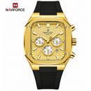 Naviforce Reloj Cronógrafo Dorado con Correa Negra de Silicona, Diámetro de 43 mm, Cristal Mineral Endurecido y Resistencia al Agua 3 ATM.