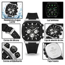 Naviforce Reloj Cronógrafo Plateado y Negro con Correa Negra de Silicona, Diámetro de 43 mm, Cristal Mineral Endurecido y Resistencia al Agua 3 ATM.